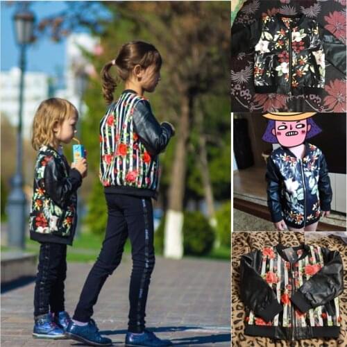 Childrens pu jacket 3-9 years old girl fashion Print stitching flowers camouflage artificial Motorcycle leather coat