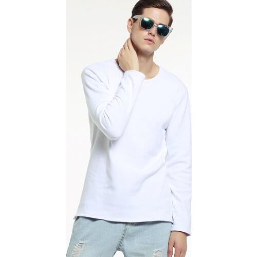 Cotton Man T-shirt O-neck Solid Grey Black White Fleece Thick Winter Round Neck Men Long Sleeve T Shirt