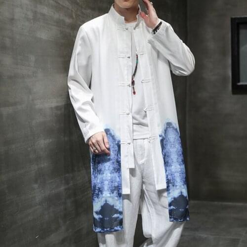 Chinese Men Long Jacket Ethnic Style Ink Printing Windbreaker Hanfu Style Long Jacket Mens Windbreaker Fashion Outfits Trend