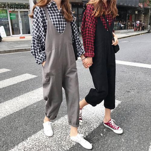 Jumpsuits Women Solid Loose Harajuku Japanese Style All-match Students Ankle Length Trousers Overalls Pockets Girls Lady Female