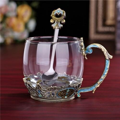 Creative Classical Enamel Crystal Tea Cup Coffee Cup Painted Flower Water Cup Transparent Glass With Spoon Set