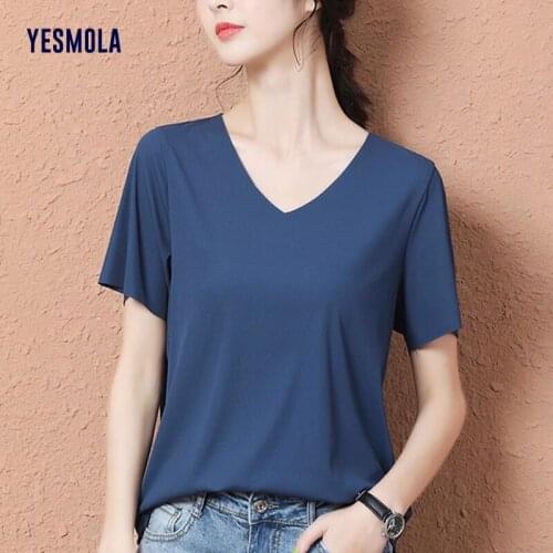 YESMOLA 2021 Summer New Ice Silk Short-sleeved T-shirt Female V-neck Solid Color Breathable Fashion T-shirt Korean Version