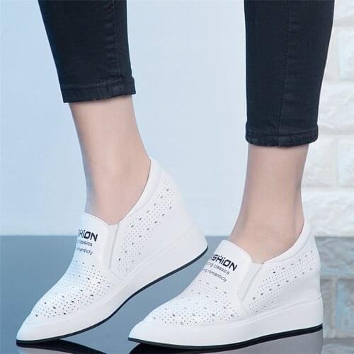 Summer Platform Loafers Women Hollow Genuine Leather Wedges High Heel Pumps Female Pointed Toe Fashion Sneakers Casual Shoes