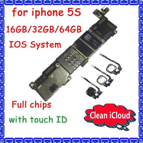 For iphone 5S motherboard with / NO Touch ID Original IOS system logic board 16GB 32GB 64GB factory unlocked mainboard+chips