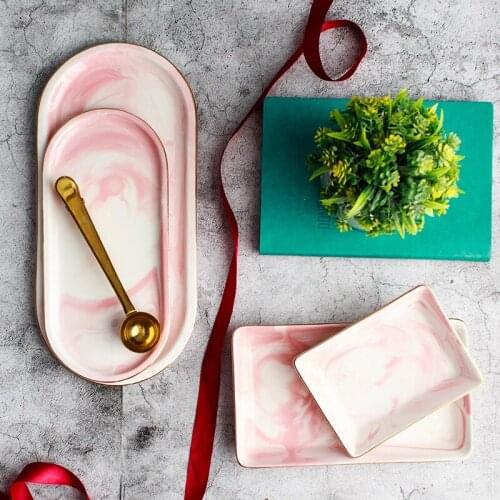 Oval Tray Rectangle Deep Plate Pink Dish Marbling Dinnerware Breakfast Food Dessert Plate Nordic Fruit Salad Tableware 1pcs