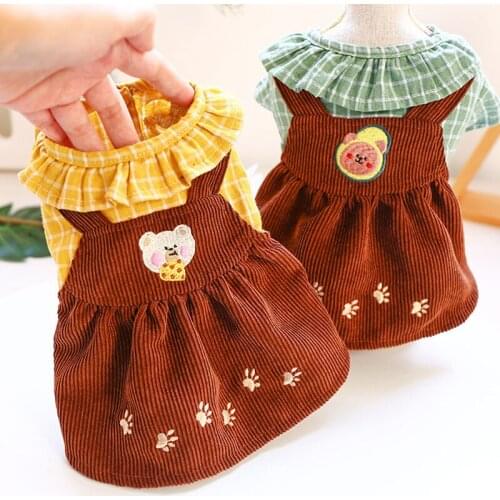 Cute Cat Dog Dress O-neck Plaid Tshirt Strap Corduroy Skirt Print Pattern Dresses For Small Dogs Chihuahua Pet Outfit Apparel#22