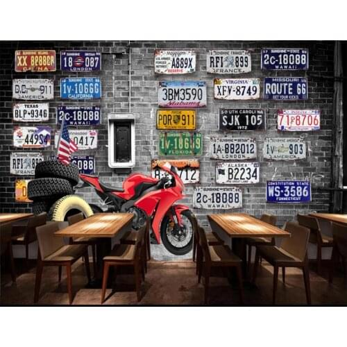 Custom mural 3d photo wallpaper Nostalgic Retro Brick Wall License Plate Motorcycle decor living room wallpaper for wall 3 d