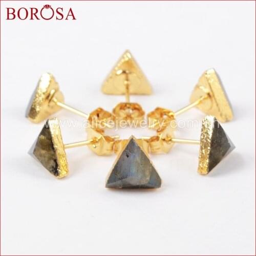 BOROSA Natural Labradorite Faceted Drusy Stud Earrings, Druzy Stone 8mm Triangle Gold Color Studs Earrings for Women G1300