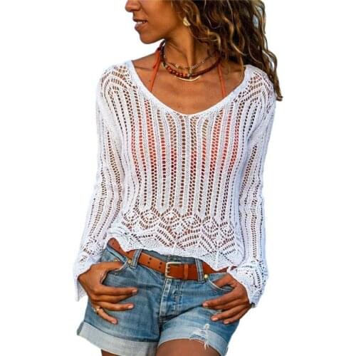 Fashion Women Hollow out Lace Sweater Elegant Long Sleeve Knit Pullover Top Ladies Boho Beach Knitwear truien dames Streetwear