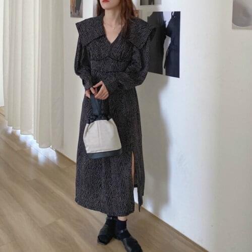 2021 Long Dress Full Sleeve Split Hem Midi Dresses Women Autumn Vintage Big Turn-Down Collar Slim Waist Dot