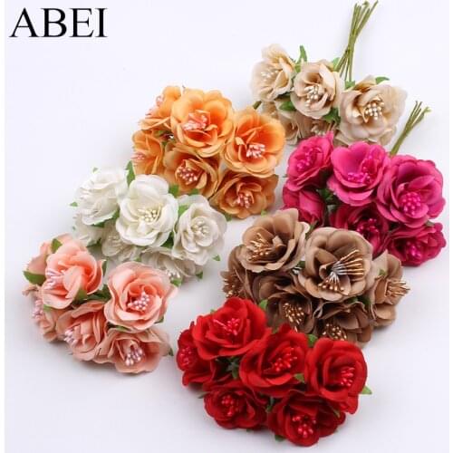 12pcs 3cm Artificial Silk Stamens Rose Flower Bouquet for Wedding Party Christmas Decoration DIY Scrapbooking Album Wreath