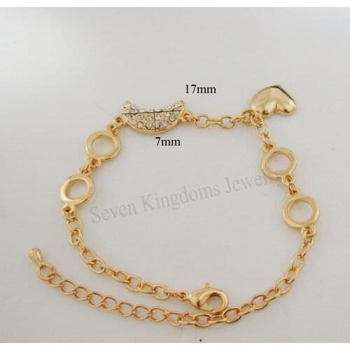 7.9"+1.6" LADY YELLOW GOLD GP OVERLAY MOON HEART CHARM CZ STONE BRACELET/GREAT GIFT