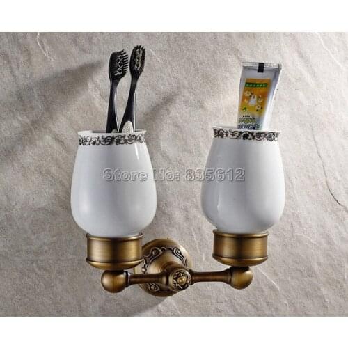 Bathroom Accessory Wall Mounted Antique Brass Toothbrush Holder with Two Ceramic Cups Wba432