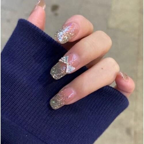 Bowknot White Diamond Design Fake Nail Wearing Nail Patch Finished False Nail Waterproof Detachable Press On Nail Decal