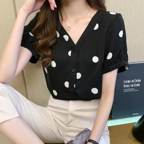 2021Korean Fashion Womens Dots Blouses Chiffon Women Blouses Short Sleeve Shirts V collar Ladies Tops women shirts