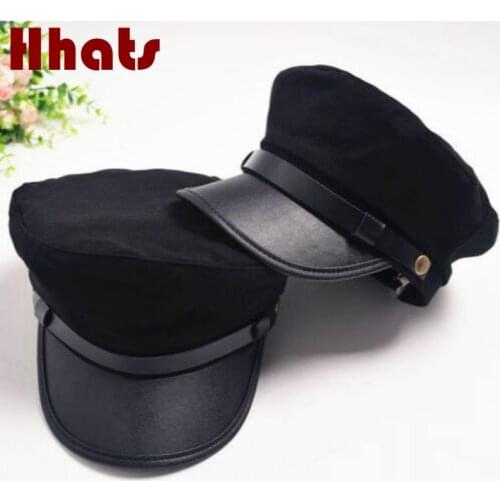 Which in shower black plain military hat cap adjustable PU leather army navy cap stage performance party sailor captain cap