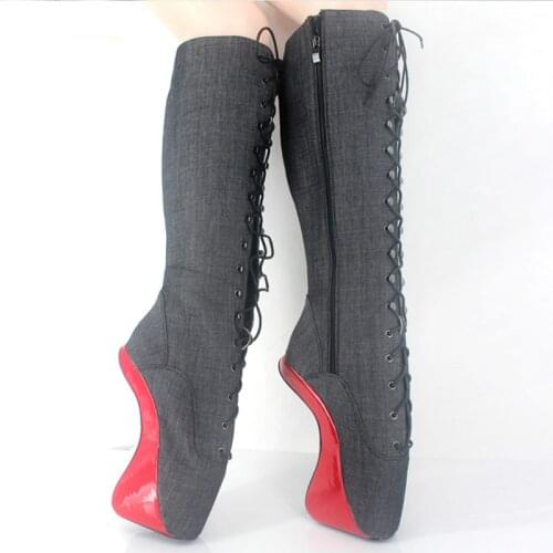 Women Boots Sexy Fetish Ballet Boots 18Cm Heelless Lace-Up Knee-High Pointed Toe Cross-Tied Zipper Denim Party Cosplay Boots