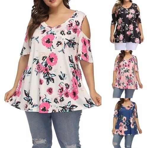 Women Tunic Top 2021 Fashion Sweet Round Neck Shirst Large Floral Print Short Sleeve Off Shoulder Casual Tops Рубашка Женская