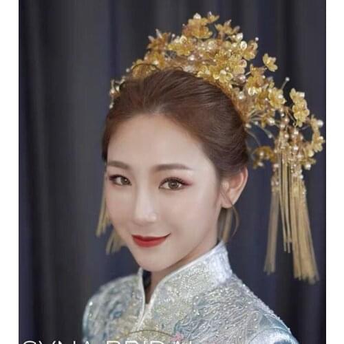 Ancient costume Classical Chinese phoenix crown headdress wedding atmosphere xiuhe dress hair ornament golden crown dragon