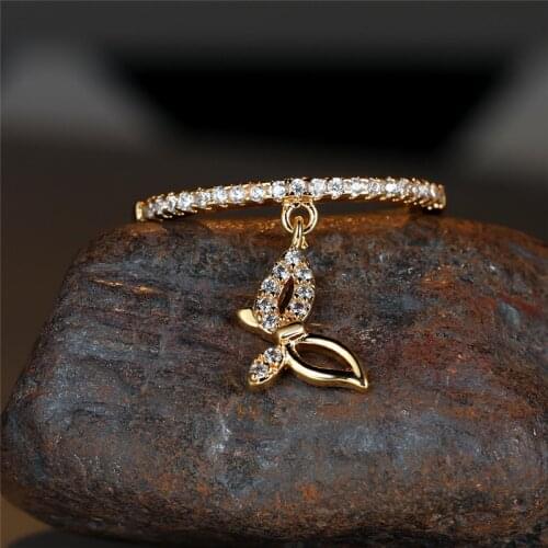Dainty Female Crystal Butterfly Pendant Ring Trendy Gold Silver Color Engagement Ring Charm White Zircon Wedding Rings For Women