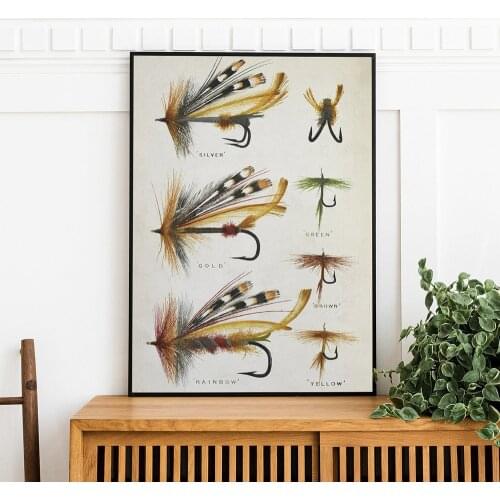 Fishing Lure Fly Illustration Canvas Painting Fishing Poster Rod Hooks Wall Art Vintage Poster Angling Art Pictures Home Decor