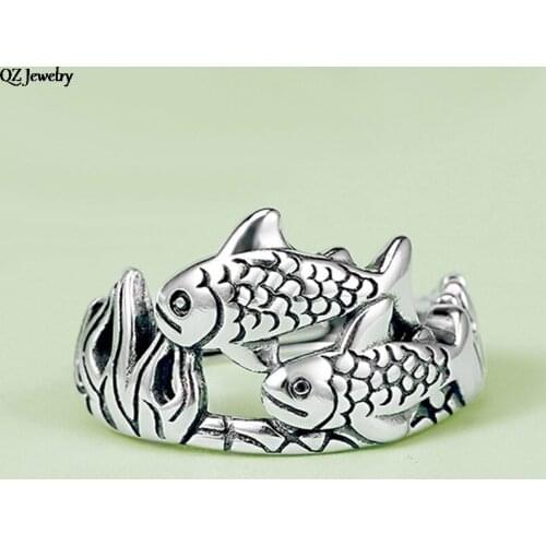 1pc Creative Double Fish Opening Rings Retro Thai Style Carp Fish Adjustable Finger Ring For Women Men Personality Jewelry Gifts