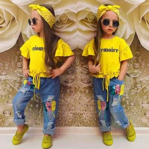 Infant Toddler Little Girls 3pcs Clothes Set Toddler Baby Kids Outfit Tassels T-Shirt Top+Rip Jeans Pants Clothing Sets Outfits