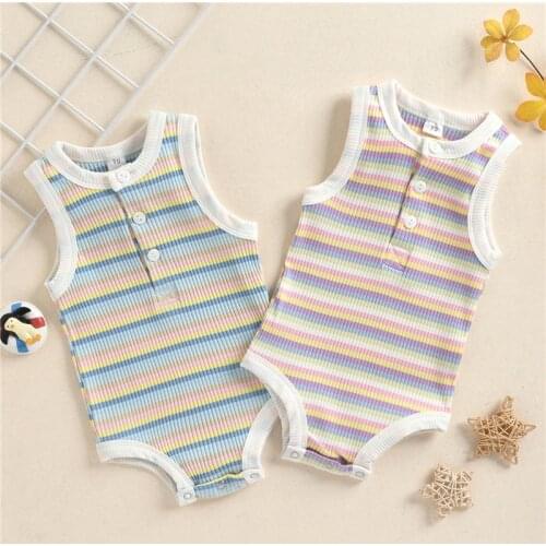 Summer Baby Boys Girls Romper Toddler Infant Newborn Rainbow Striped Sleeveless Ribbed Knitted Romper Jumpsuits Cotton Clothes