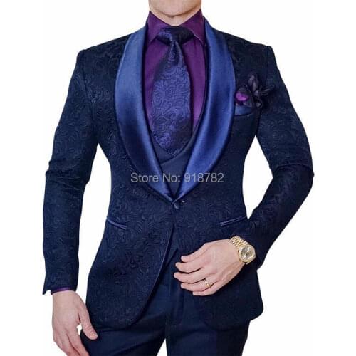 Men Suits With Pants Navy Blue 3 Pieces Set Paisley Jacket Tuxedo 2018 Men Suits For Wedding Groom Suit Terno Masculino Slim Fit