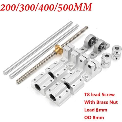 15Pcs Optical Axis Guide Bearing stainless T8 Lead Screw Lead 8mm Coupling CNC Parts Combination Length 200 300 400 500mm