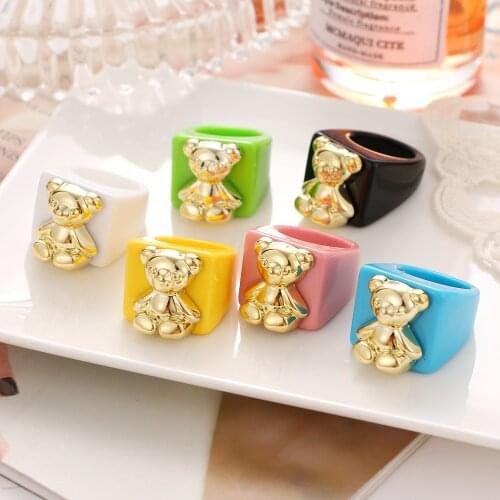 2021 New INS Cute Cartoon Resin Acrylic Bear Metal Rings For Women Girl Candy Color Aesthetic Square Rings Wholesale Jewelry