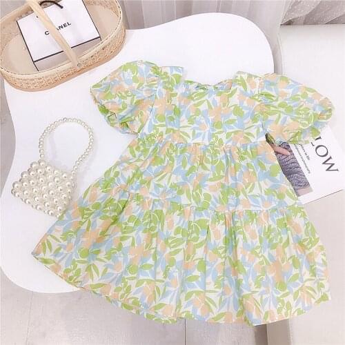 Summer New Style Puff Sleeve Cotton Bowknot Fresh Floral Princess Dress Toddler Girl Fall Clothes 2021 Flower Girl Dresses