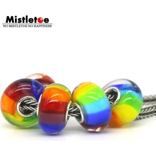 Mistletoe 925 Sterling Silver Murano Glass Rainbow Color Charm Bead Fit European Bracelet Jewelery 1pcs