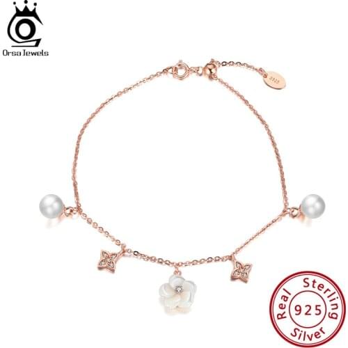 ORSA JEWELS 925 Sterling Silver Charms Bracelets With Freshwater Pearl Charm for Women Valentines Day Gift Fine Jewelry SB90
