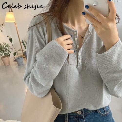 SHIJIA Brown Chic Knitted Tops Woman Sweater Autumn New Korean Loose O Neck Knitting Pullover Fall Thin Loose Short Jumper