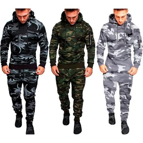 Camo Men Tracksuit Hooded Outerwear Hoodie Set 2 Pieces Autumn Sporting Male Fitness Camouflage Sweatshirts Jacket + Pants Sets