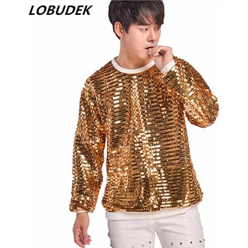Tide Male Gold Sequins T-shirt Bar Vocal Concert Singer Stage Outfit Punk Rock Hip-Hop Dance Costume Long Sleeve Men T-shirts