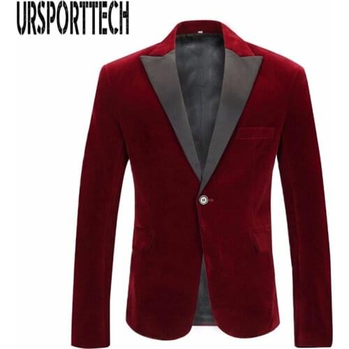 URSPORTTECH Autumn Winter Velvet Blazer Wine Red Men Leisure Suit Jacket Wedding Groom Singer Slim Fit Blazer Hombre Masculino