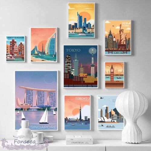 Nordic Vintage Travel Cities Poster New York Tokyo Paris Amsterdam London Singapore Landscape Canvas Painting Wall Art Pictures