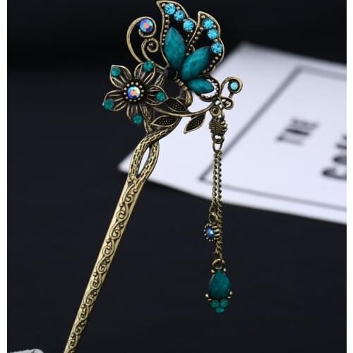 Vintage Rhinestone Butterfly Hair Stick Jewelry Wedding Hair Accessories Charm Metal Hairpins