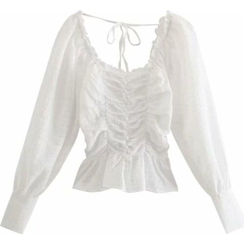 ZA 2021 Fashion Women White Cotton Lightweight Shirt Folds Short Sexy Sweet Square Collar Ladies Tshirt Mujer Tops