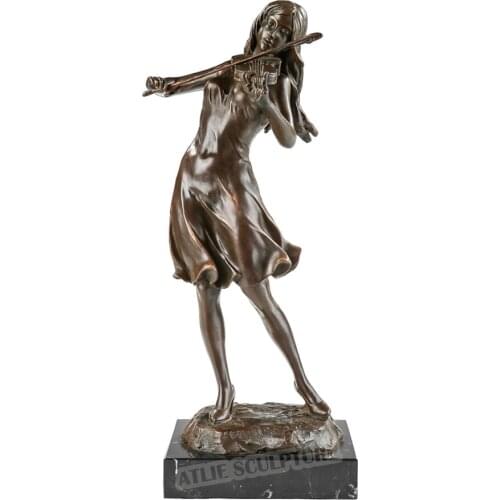 Female Violin Player Sculpture Violinist Statue Hot Cast Bronze Exquisite Modern Music Art Girl Room Home Decor Ornament