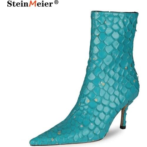 2021 Women Ankle Boots Thin Heels Pointed Toe Fish Scales Pattern Blue Red Black Beige Party Shoes Women