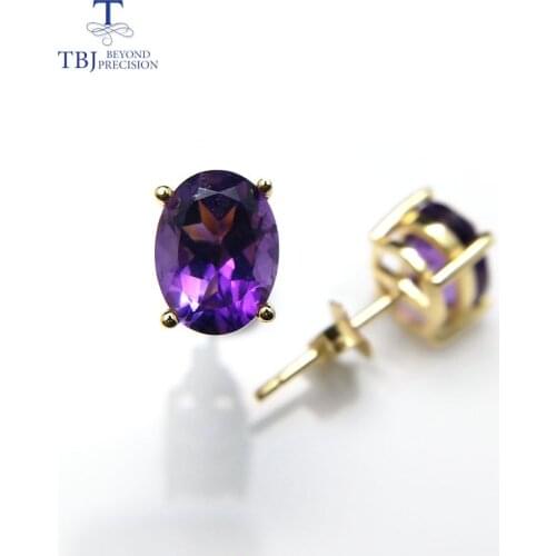TBJ,natural good luster african amethyst oval 6*8mm 3ct gemstone simple earring in 925 yellow gold color for girls with box