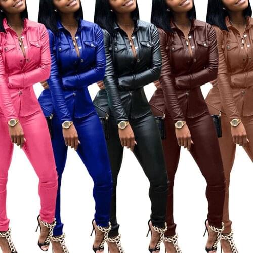 2pcs/Set Faux Leather Outfits for Women Pant Suits Button-up Long Sleeve Tops Skinny Long Pants two piece set Women Tracksuits