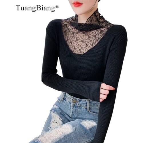 2020 Autumn Sexy Lace Turtleneck Long Sleeve Pullovers Women Winter Hollow Out Slim Sweater Lady Floral Mesh Deep V-Neck Jumpers