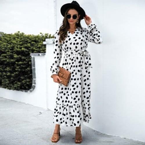 Elegant Leopard Dress Womans Chiffon Long Beach Dress Loose Long Sleeve Deep V-neck A-line Sexy Party Dress Vestidos De Fiesta