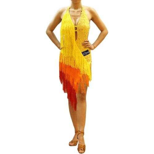 New Latin Dance Dress For Women Gradual ColorYellow Orange Red Falda Flecos Stage Competition Professioanal Latin Dresses VDB158