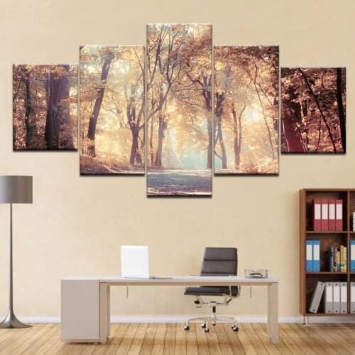 Golden Autumn Beautiful Forest 5 Panel HD Print landscape modern Wall posters Canvas Art painting For home living room decor