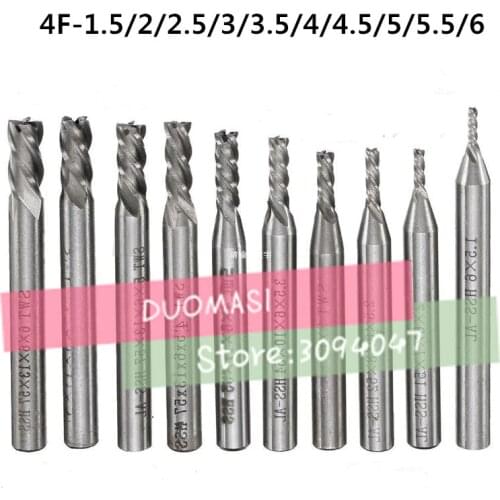 10pcs/set HSS End Mill CNC Tools Diameter 1.5/2/2.5/3/3.5/4/4.5/5/5.5/6mm 4 Flute Milling Cutter Router Bit CNC mill Drill Bit